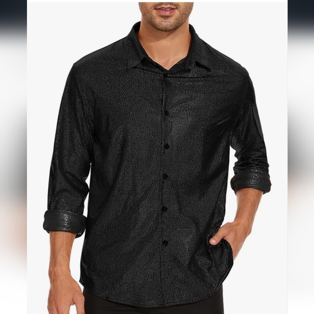 Men's Black Shiny Metallic Dress Shirt - Picture 3 of 16